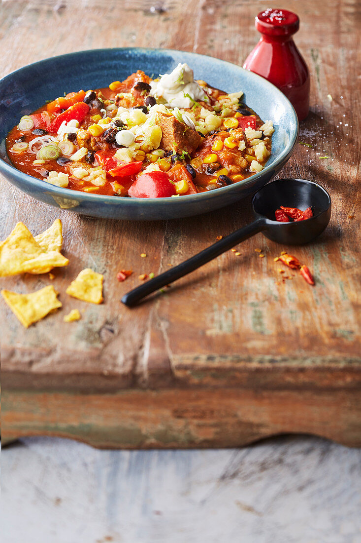 Mexican hot pot with pork, beans and corn