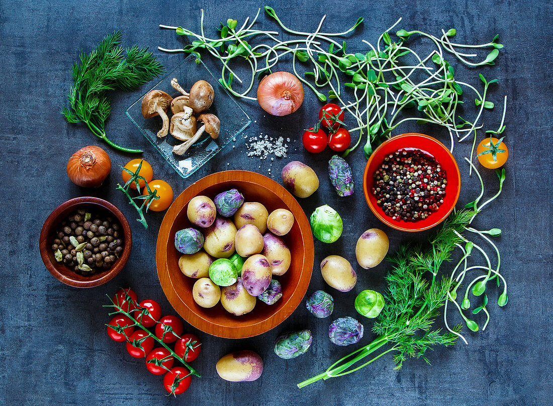 An arrangement of vegetables, herbs, mushrooms and spices for vegetarian cuisine