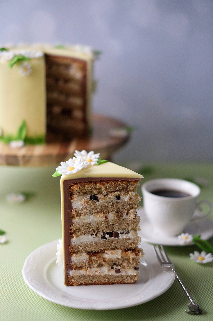 A spring cake with a buttercream filling, sliced