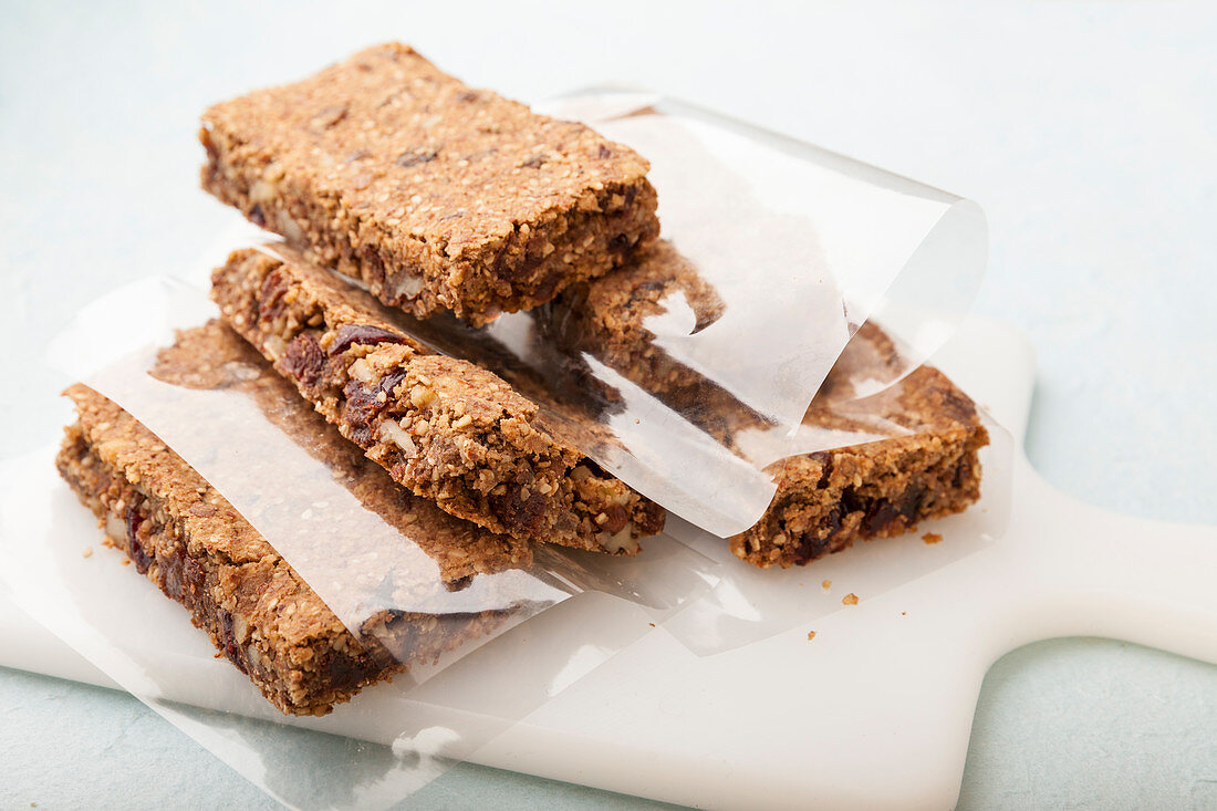 Homemade cereal bars wrapped in paper