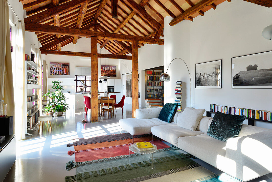 Bright interior with exposed roof structure