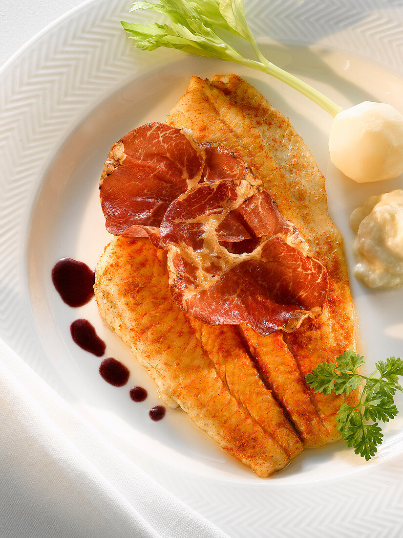 Plaice with prosciutto and truffle jus