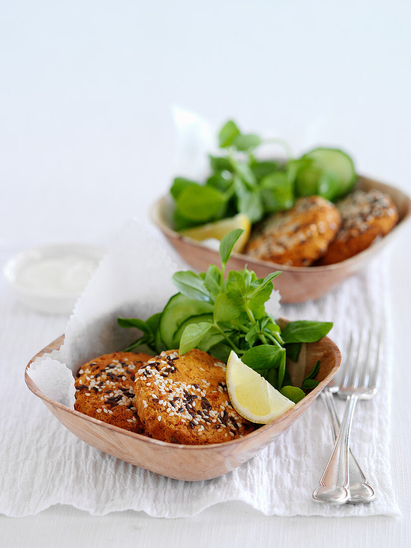 Bean and harissa fritters with cucumber salad