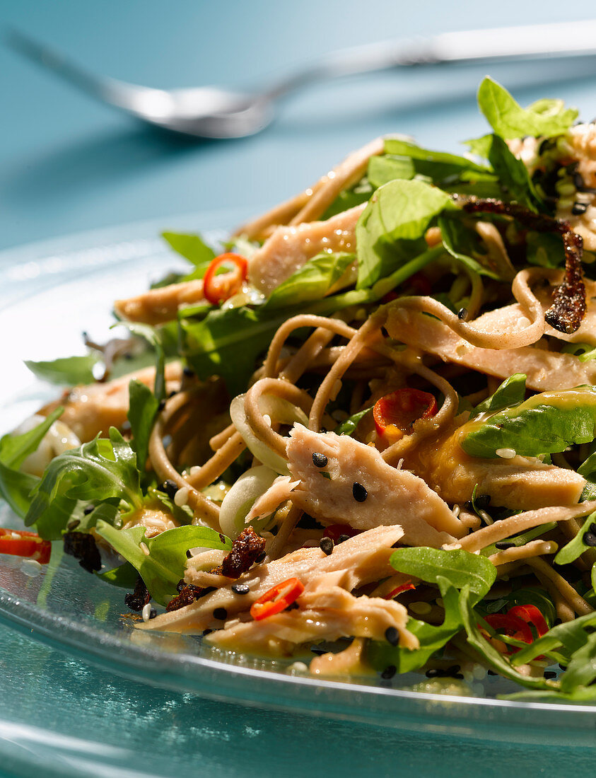 Sobanudeln mit geräuchertem Thunfisch und Rucola