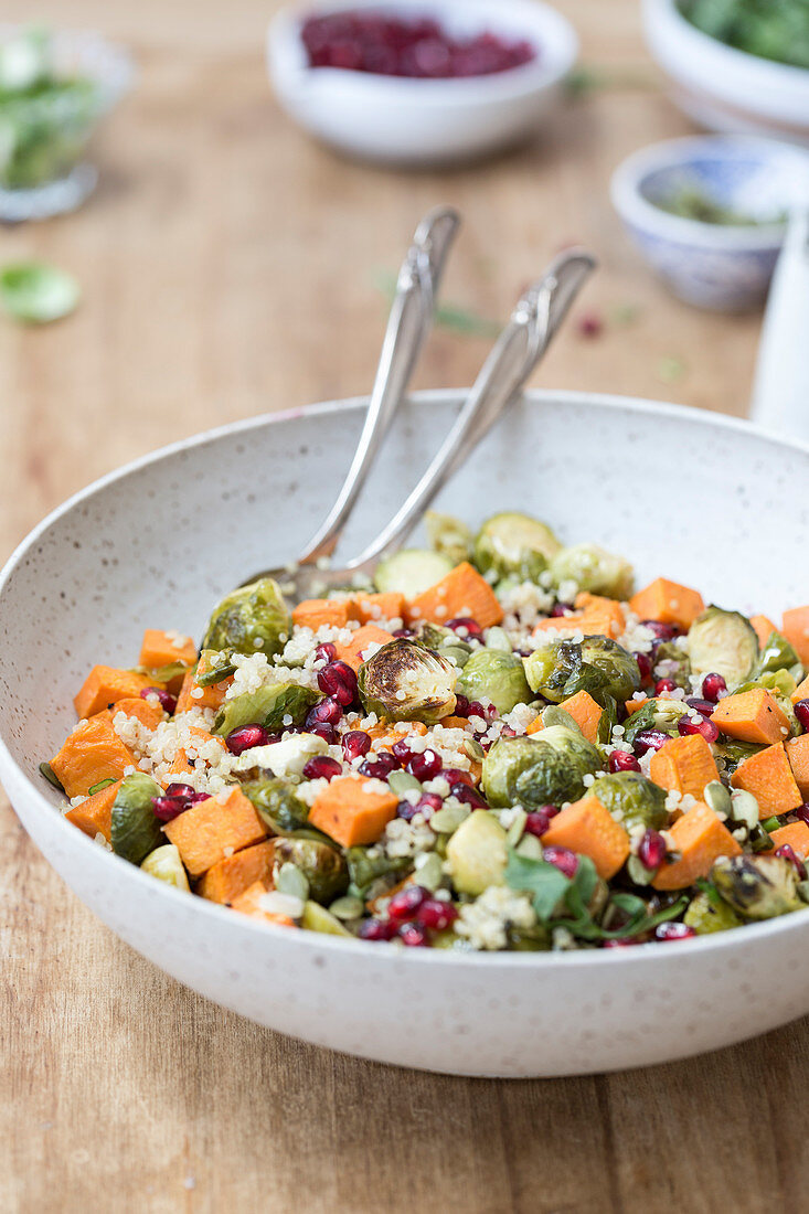 Roasted sweet potato salad with brussels sprouts and pomegranate seeds