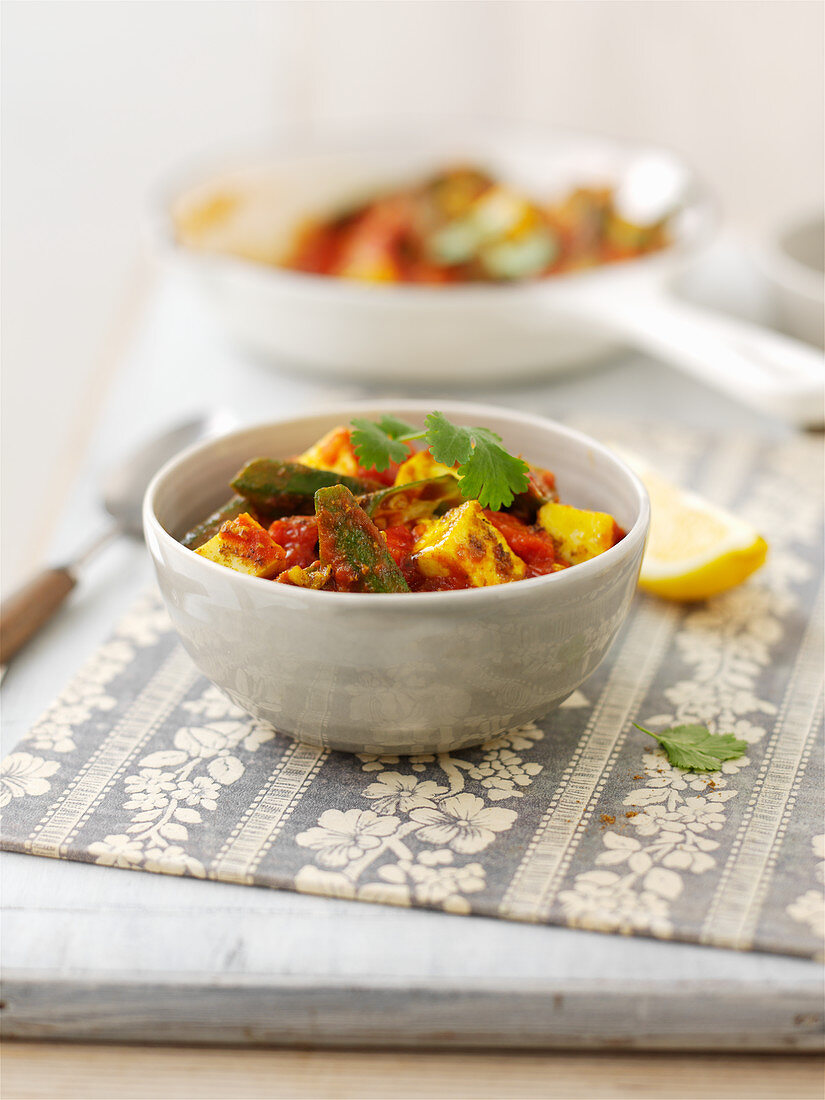 Okra curry with tomatoes and coriander leaves