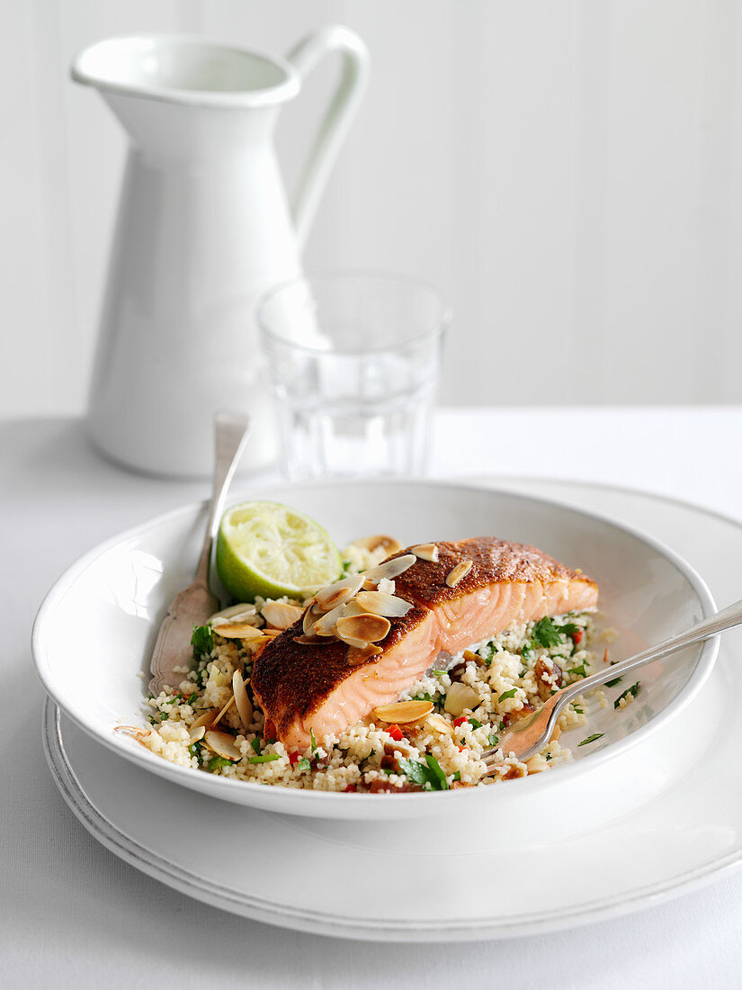 Spicy salmon with almond flakes on couscous (Morocco)