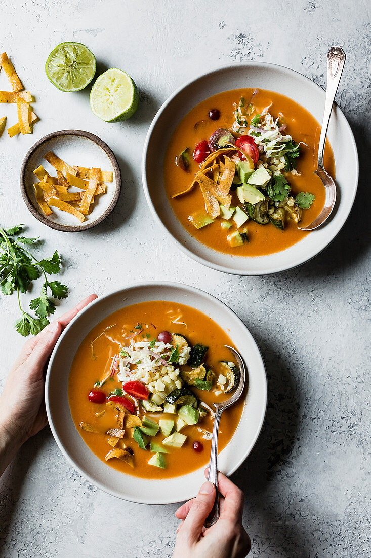 Aztekensuppe (Suppe mit frittierten Tortillastreifen und Gemüse, Mexiko)