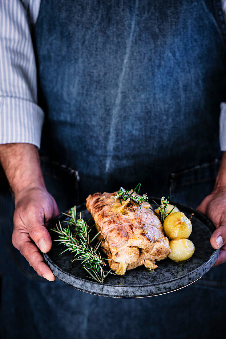 Iberian traditional roast pork, stuffed with cheese and quince