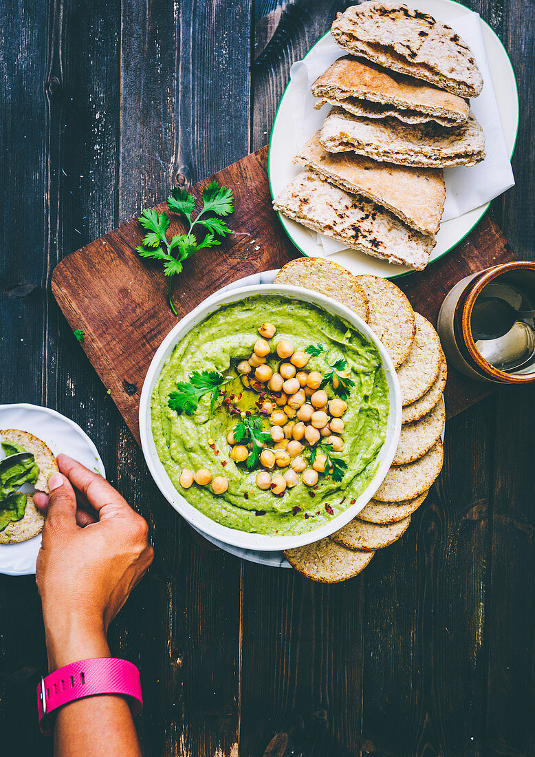 Avocado Hummus served with Oatcakes and Pita Bread