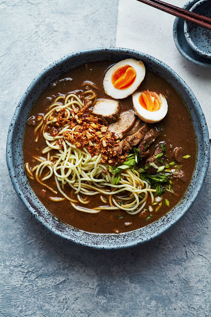 Japanese ramen with pork belly, mushrooms and marinated eggs