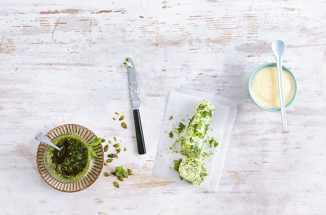 Pumpkin seed pesto, mayonnaise and herb butter