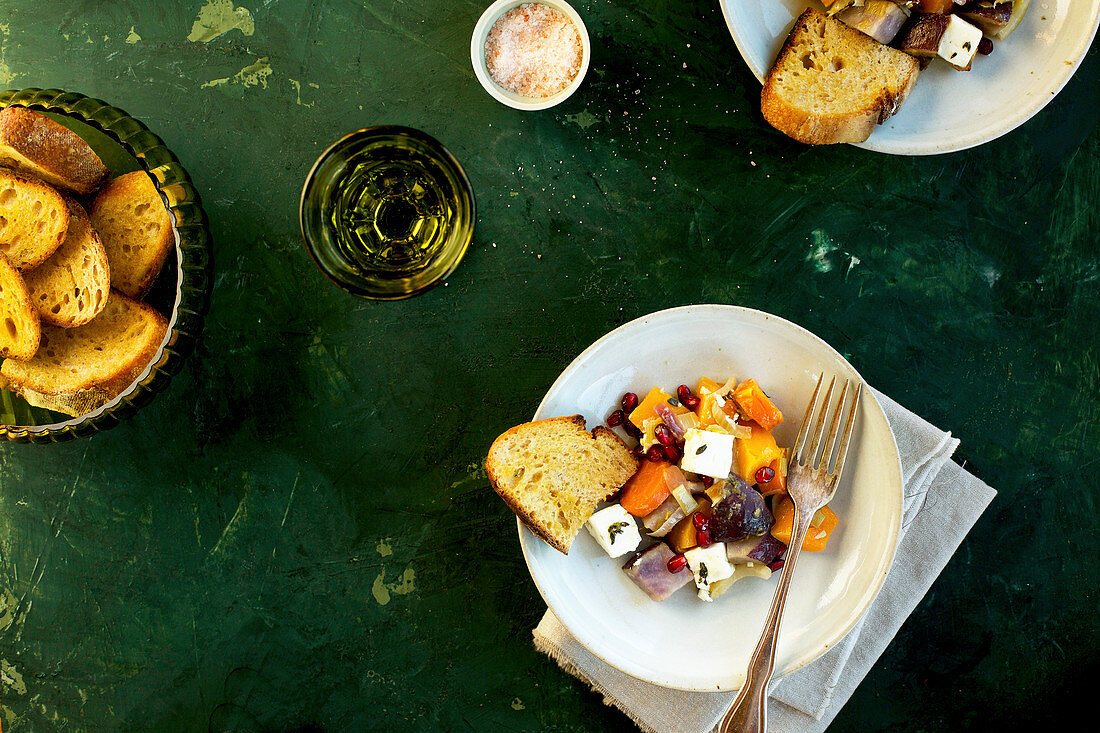 Olive Oil Wine Roasted Vegetable with Feta served with bread and wine