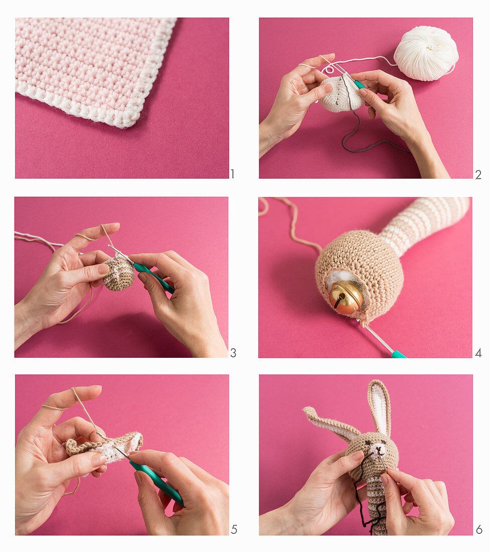 A rabbit rattle being crocheted