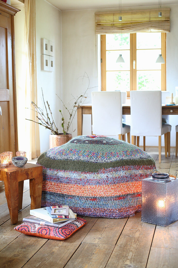 Hand-made crocheted pouffe