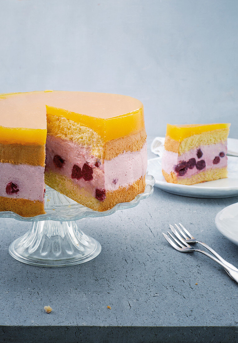Cherry quark mousse cake with a passion fruit topping