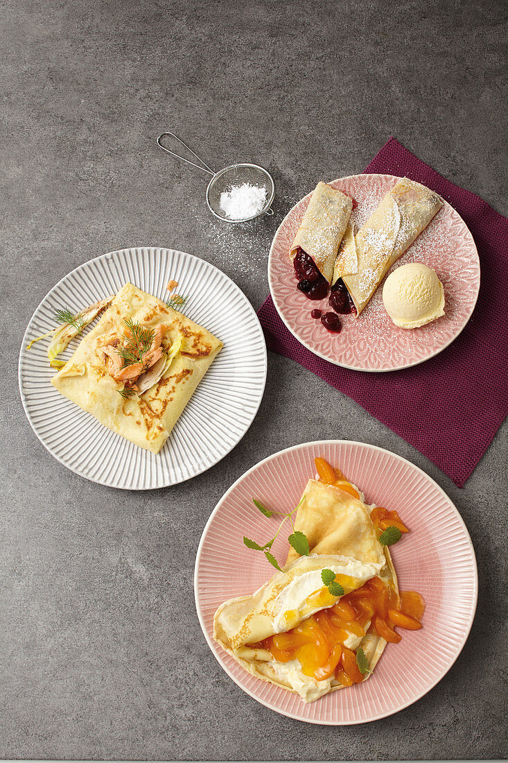 Three crepe variations: savoury and sweet