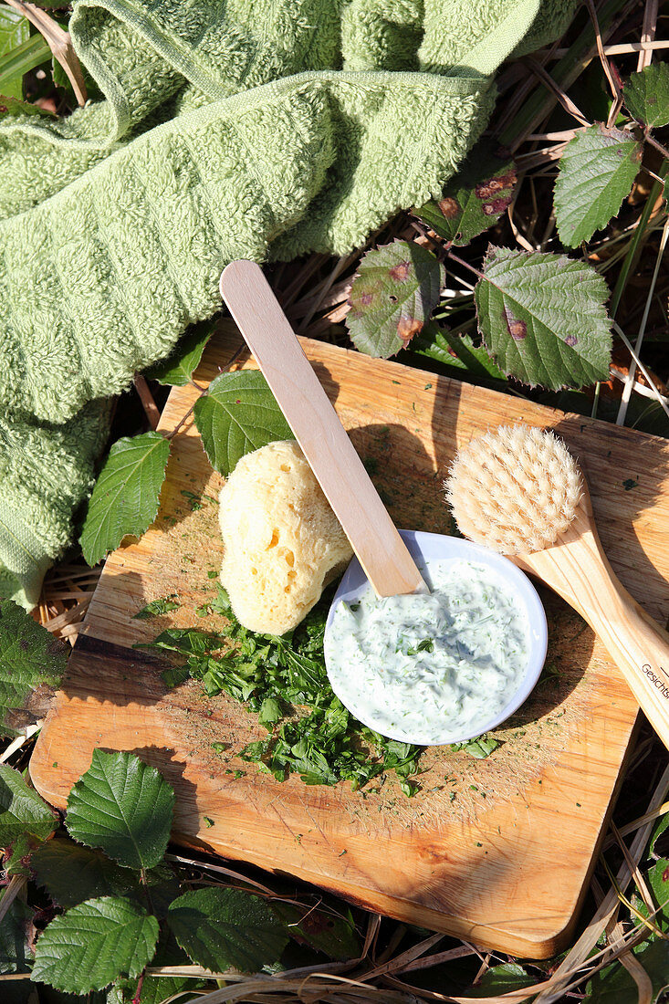 A homemade face mask made from herbs and natural yoghurt