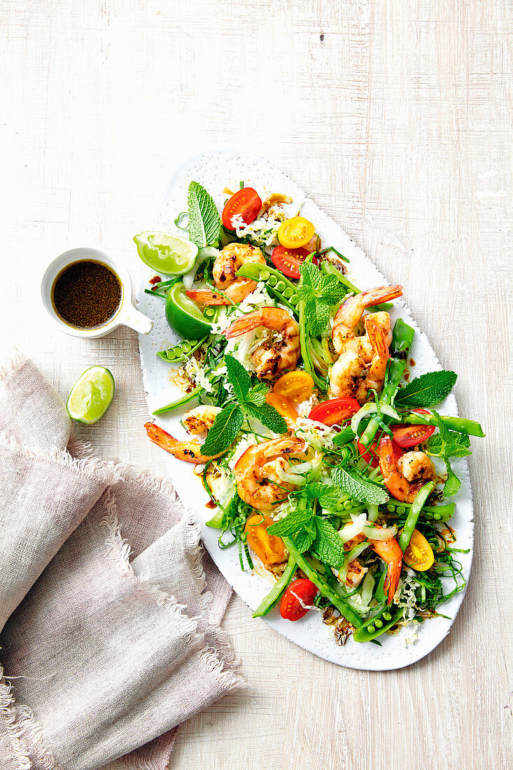 Spicy prawn, wombok and shredded pea salad