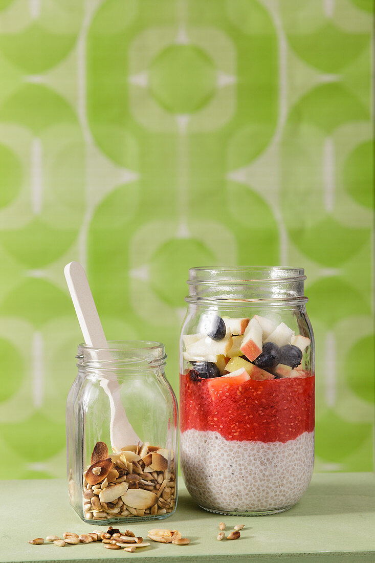 Chia pudding with nuts and fruits to take away