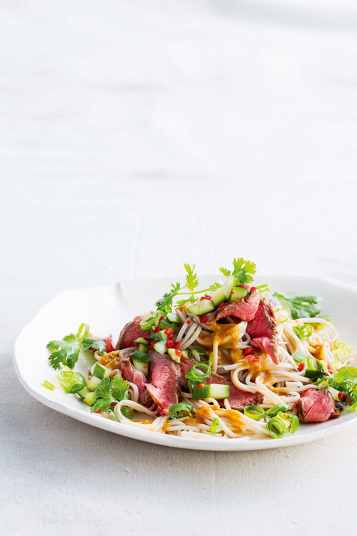 Beef, pickled cucumber and soba noodle salad