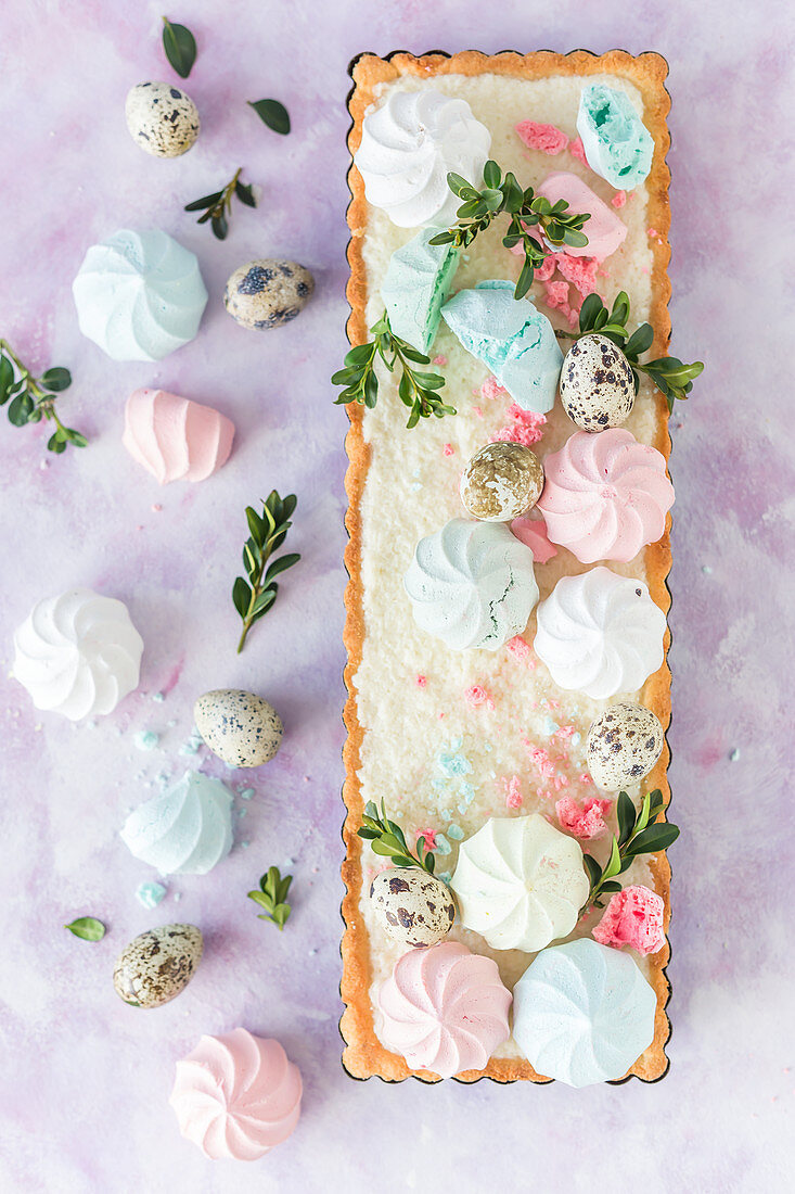 Traditional Polish Easter cake (mazurek) decorated with colorful meringues