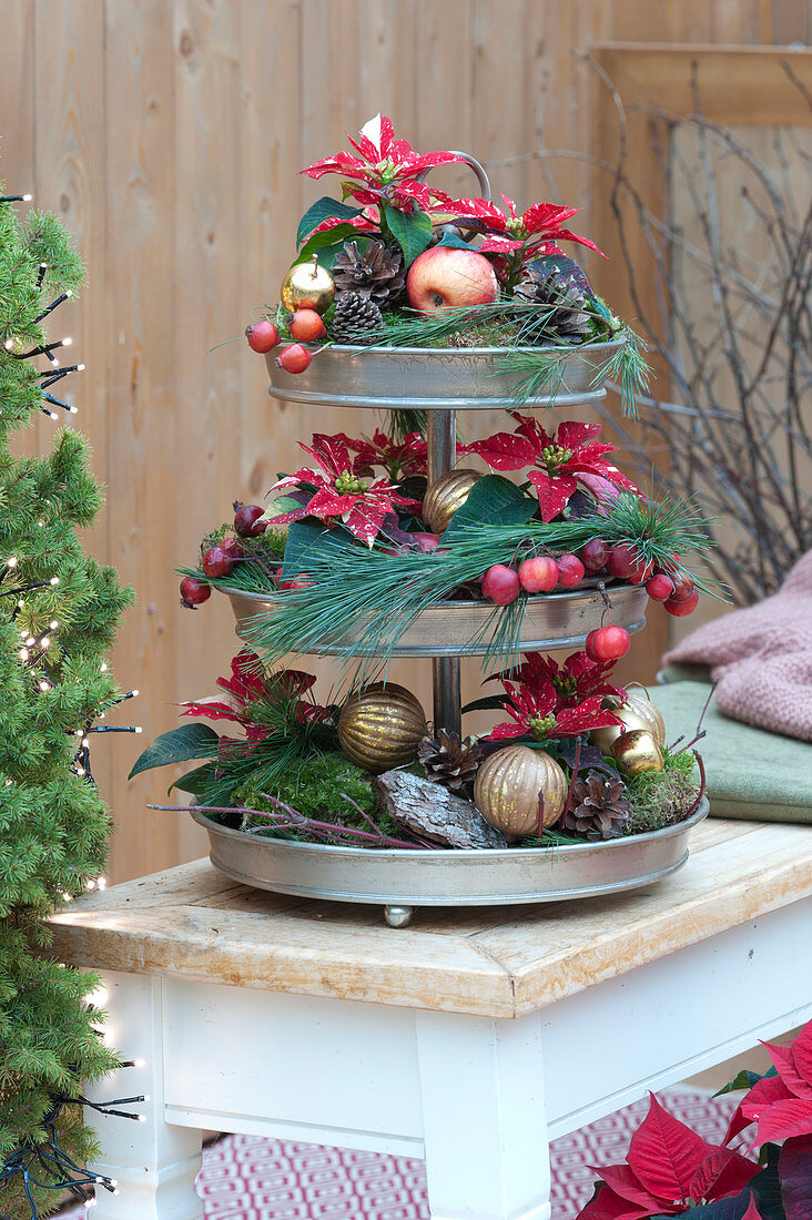 Etagere With Mini Poinsettias And Deco