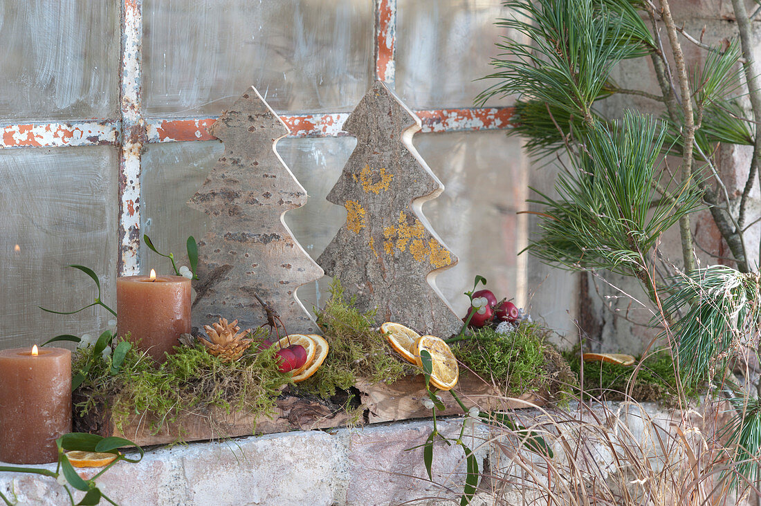 Natural Decoration With Fir Trees Made Of Wood And Candles