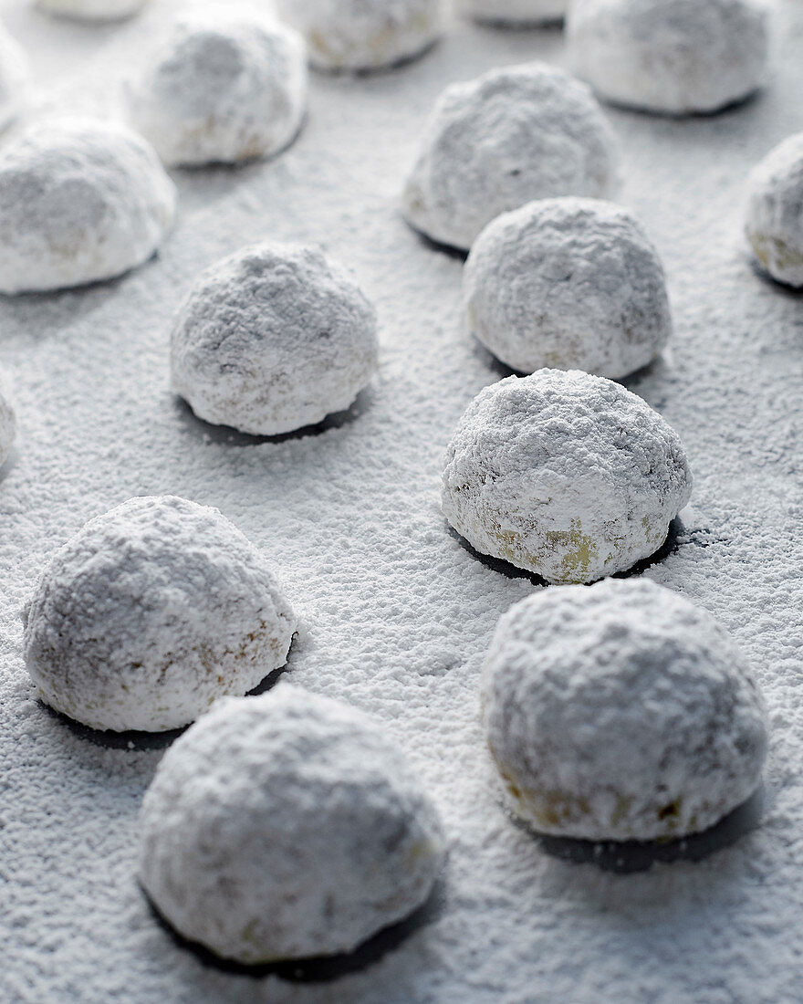 Mexican Wedding Cookies on a Blue Plate