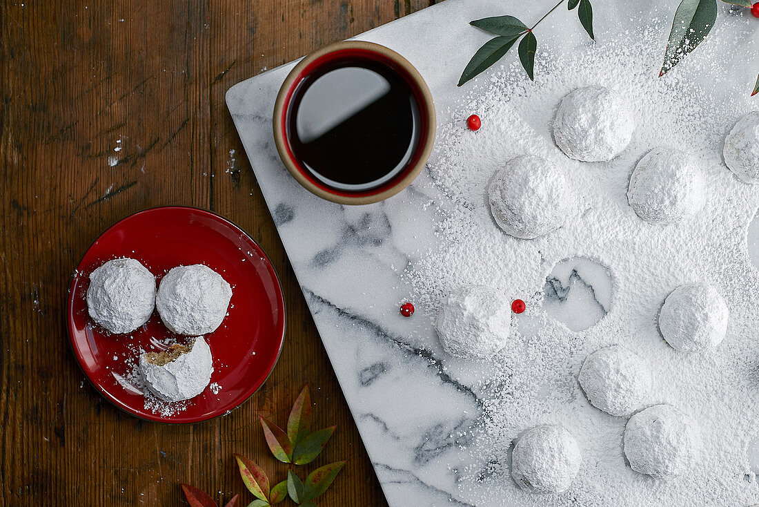 Mexican Wedding Cookies on a Blue Plate