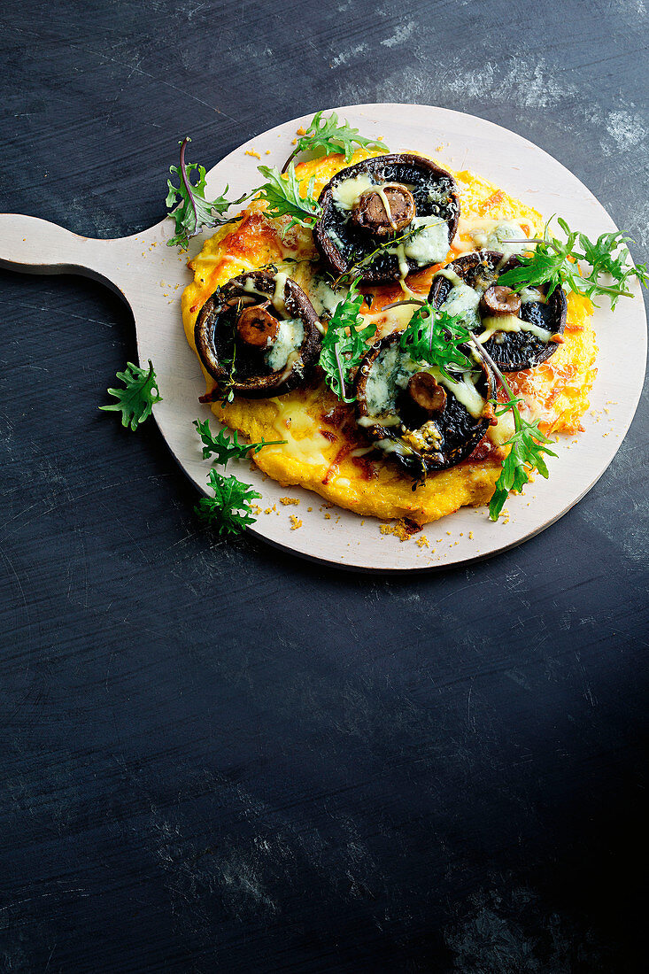 Polenta pizza with cheese and mushroom
