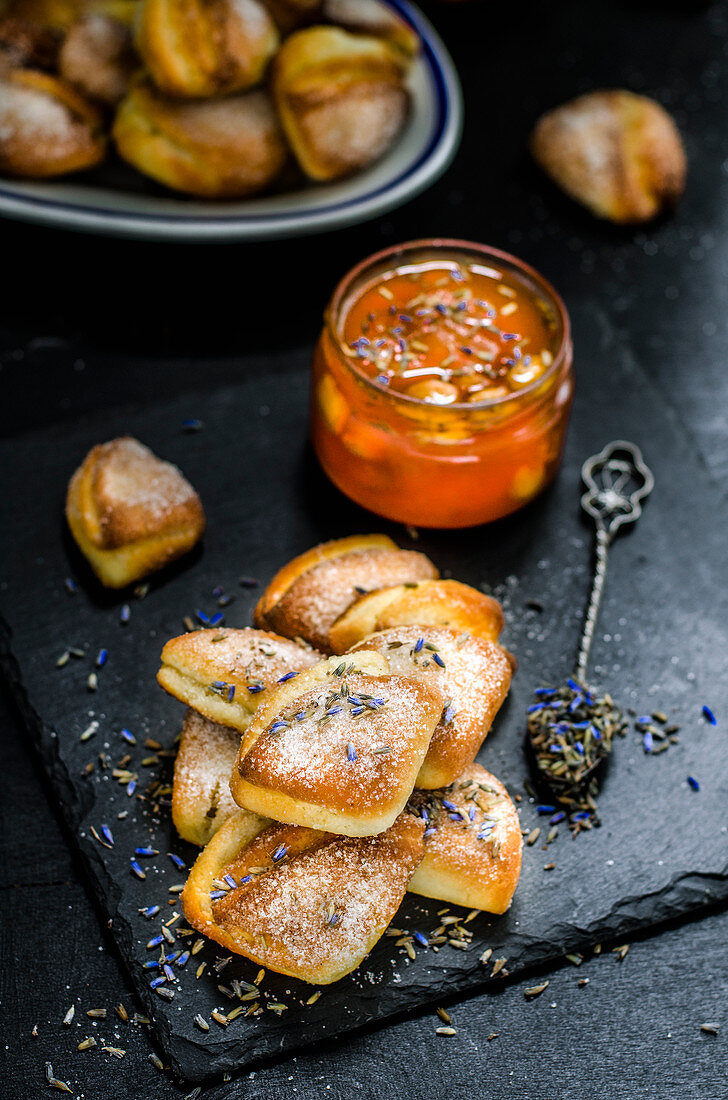 Curd cookies and apricot jam with lavender