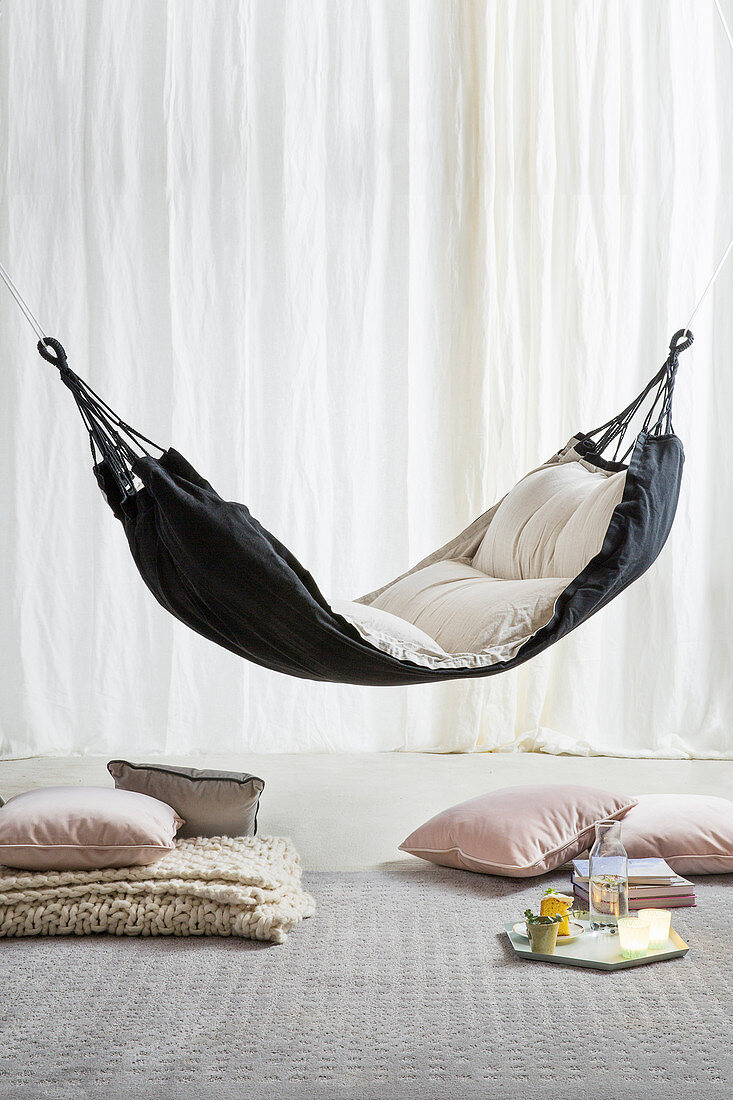 Cushions and tray below cushioned hammock