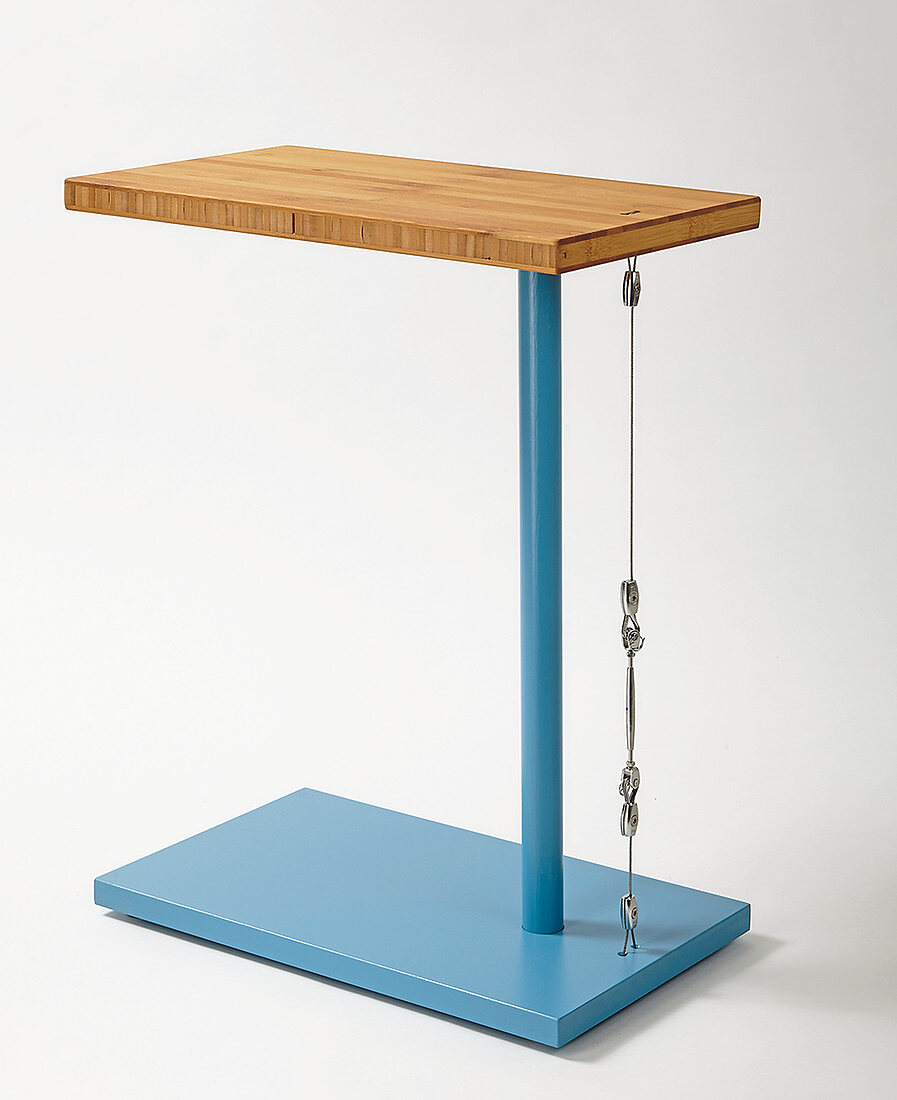Blue, DIY side table with bamboo top and steel cable