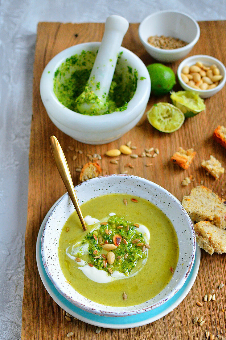 Cream of broccoli soup, with pesto