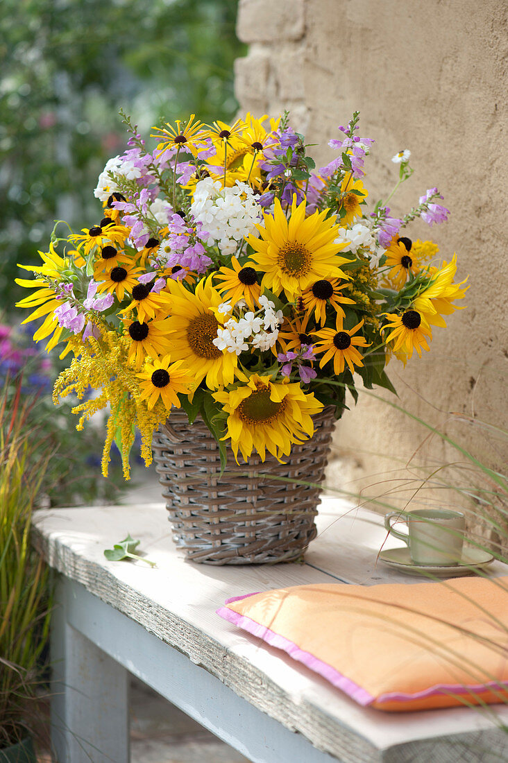 Farm Garden Bouquet With Sunflowers In Basket Vase