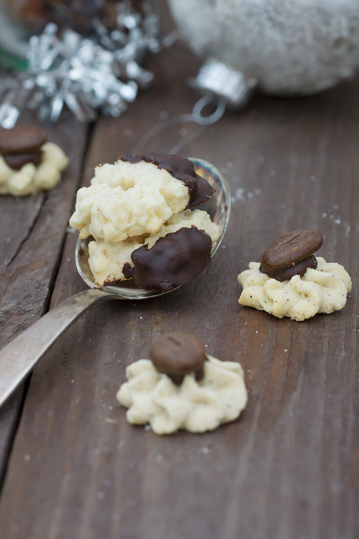 Shortbread biscuits with chocolate icing and chocolate coffee beans