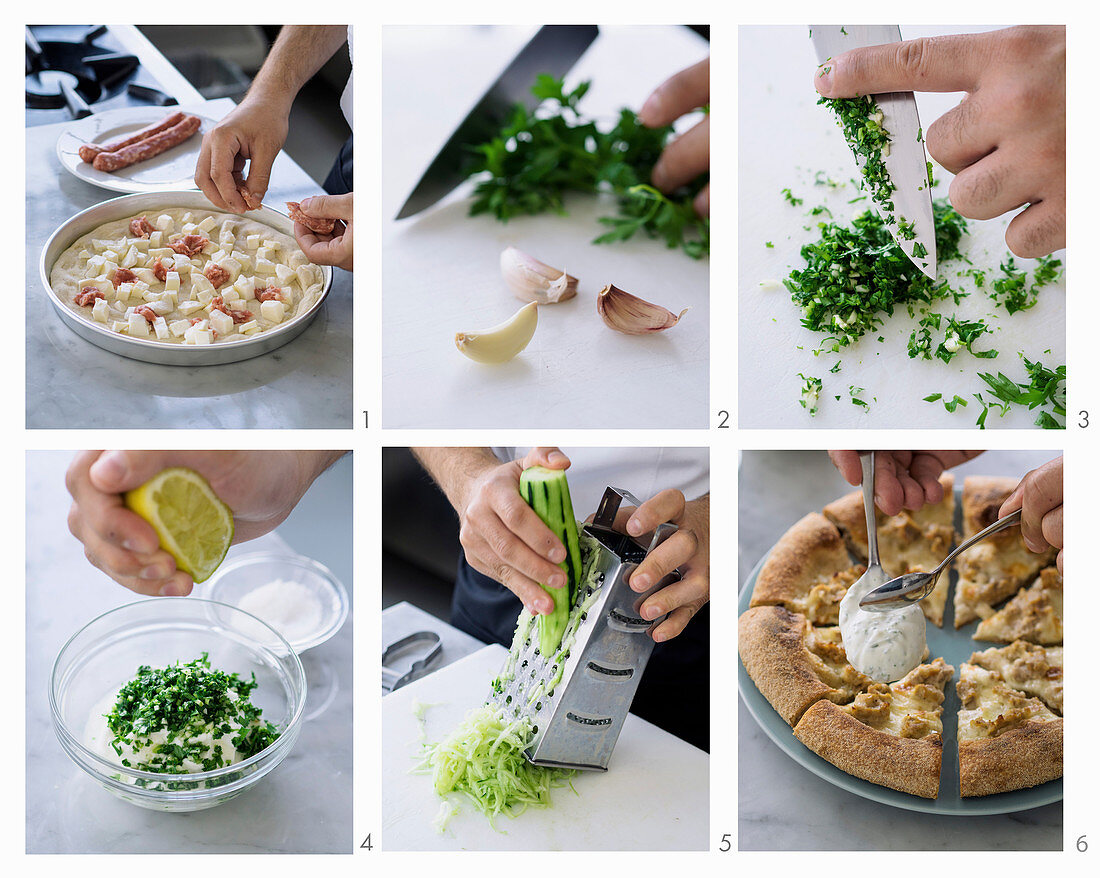 Pizza mit Hähnchenwurst, Gurken und Tzatziki zubereiten