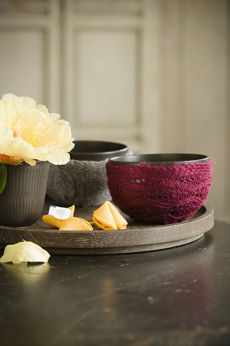 Bowls with knitted covers