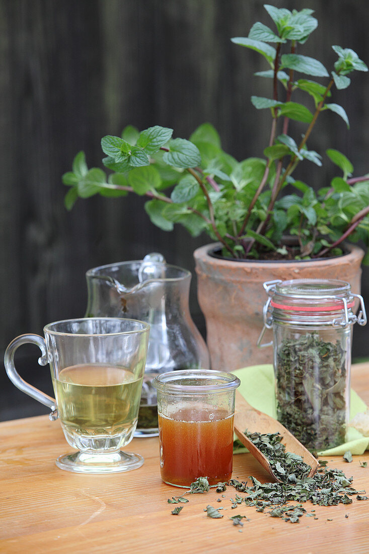 Mint tea in a glass, with dried leaves and honey