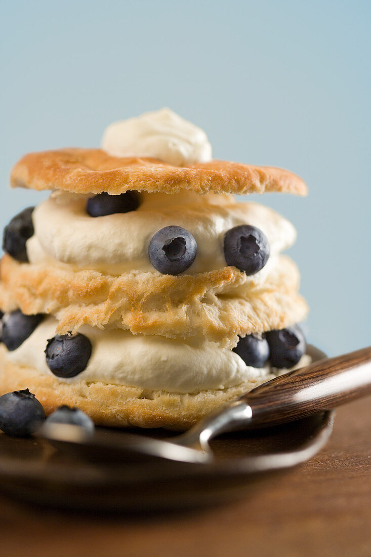 Puff pastry with cream and blueberries