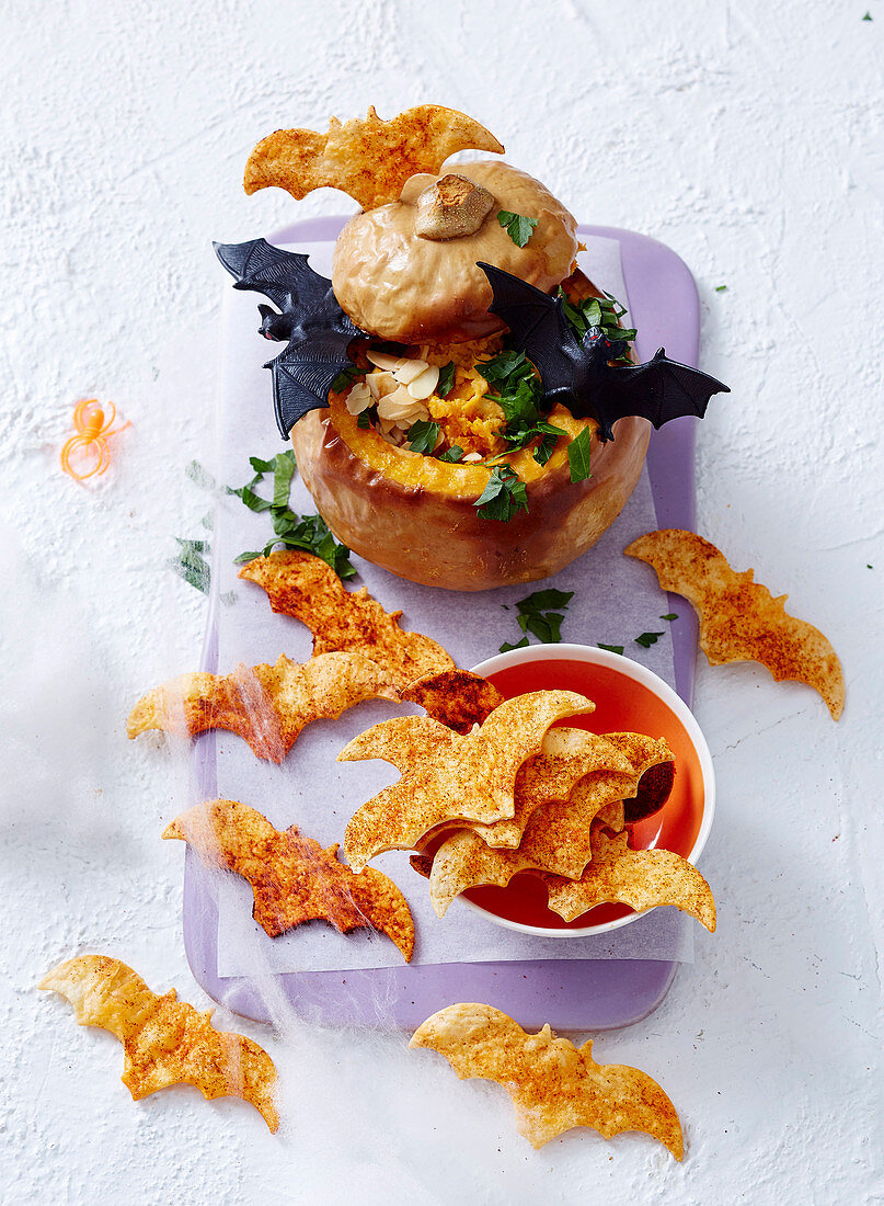 Pumpkin Cauldron Hummus with Flaky Fingernails for Halloween