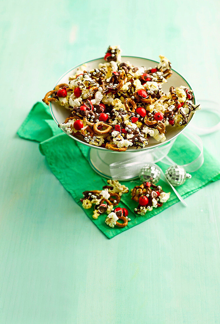 Christmas Crunch with pretzels, popcorn and chocolate