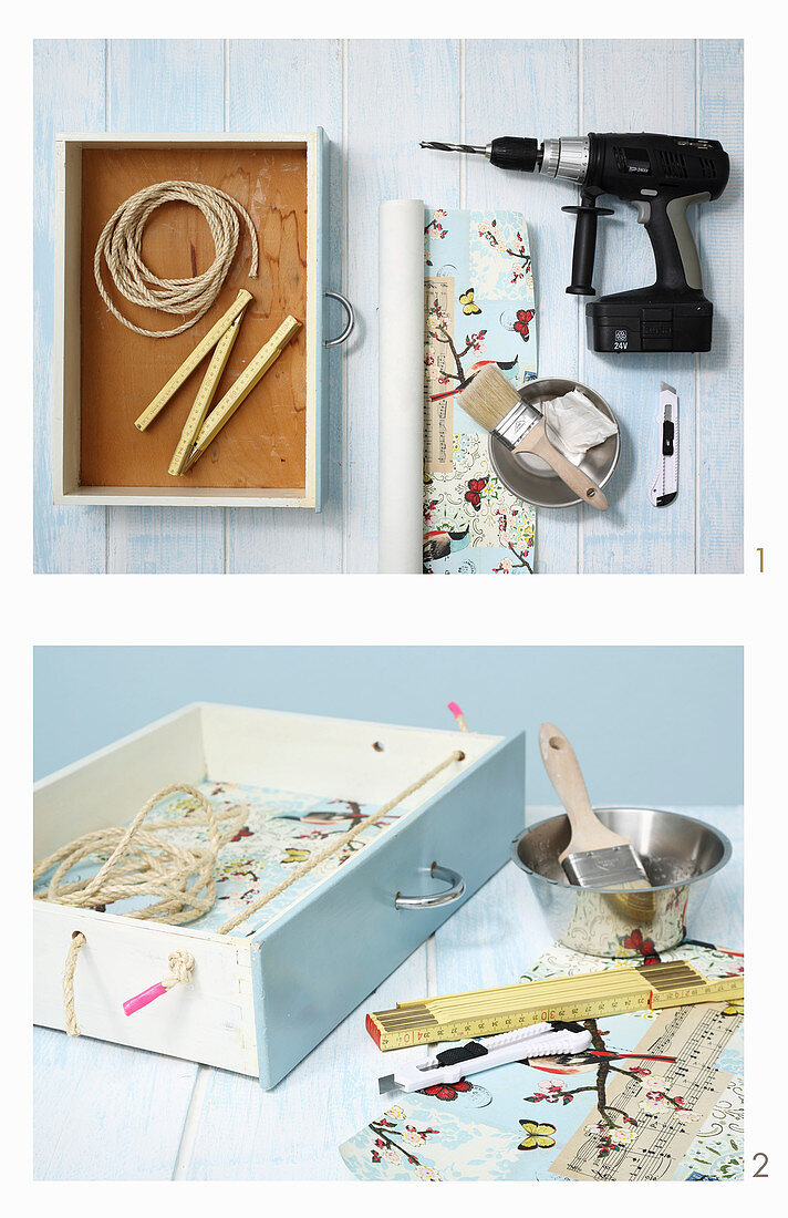 Instructions for making a wall-mounted shelving unit from an old drawer