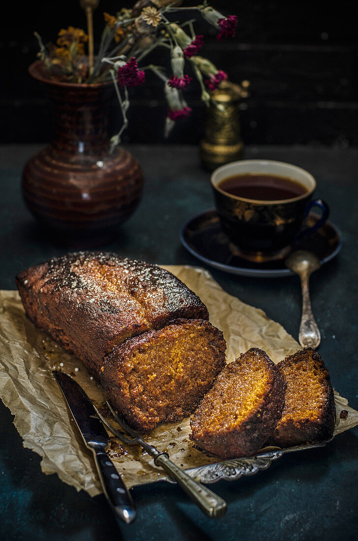 Banana cake on a dark background