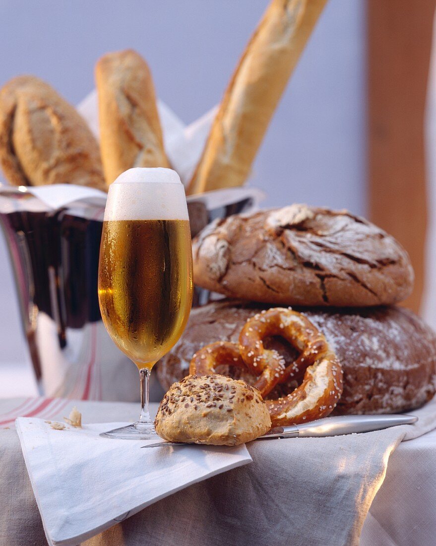 Assorted Bread with a Cold Glass of Beer