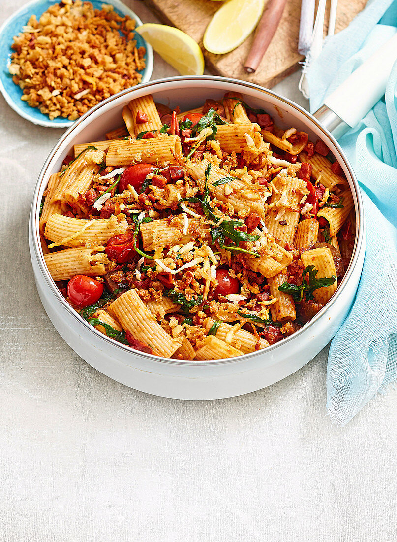 Chorizo and Eggplant Rigatoni with Haloumi Croutons