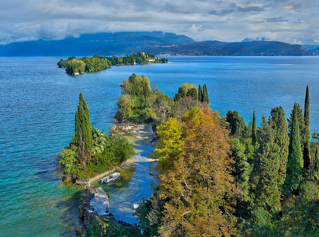 San Felice del Benaco, with Isola del Garda in the background, Lake Garda, Italy