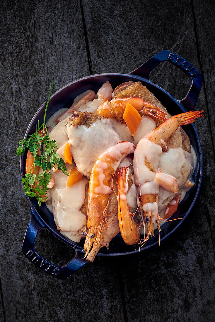 Chicken and shrimp fricassee