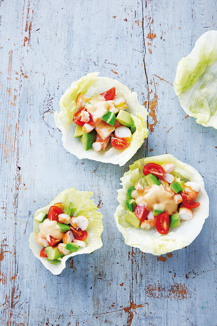 Prawn cocktail with avocado in lettuce bowls